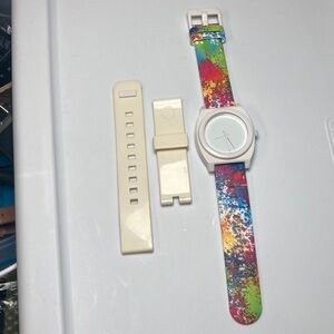 Nixon white Time Teller watch, paint splatter color silicone strap, new battery